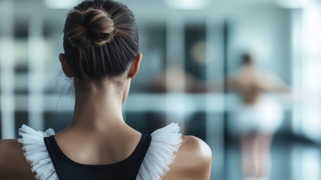 With her back to the camera, a focused dancer is intent on perfecting her dance moves in a modern, well-equipped studio. Others are visible in the background.
