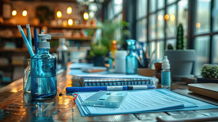 A workspace with hand sanitizer, masks, and social distancing markers, ensuring a safe environment
