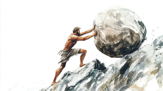 watercolor illustration of Sisyphus rolling enormous boulder rock up hill on white background