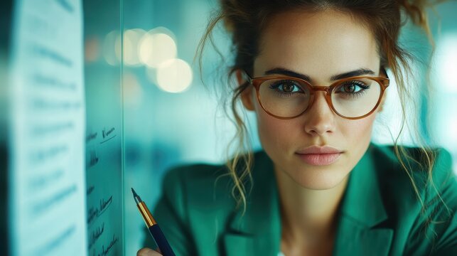 A focused woman with glasses writes notes on a glass board, showcasing determination and intellectual curiosity in a dynamic and modern workspace.
