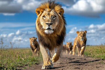 Fototapeta premium Kenya lion pride on the move, traveling through the savannah in search of fresh hunting grounds