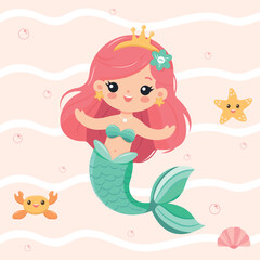 Sweet and kind mermaid with open arms and crown underwater. Vector Illustration in flat cartoon style