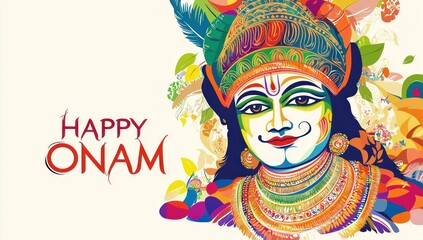 Vector illustration of the happy Onam festival with a Kathakali mask in an abstract background with the text "HAPPY ONAM". Vector illustration for design elements, greeting cards, and banner templates