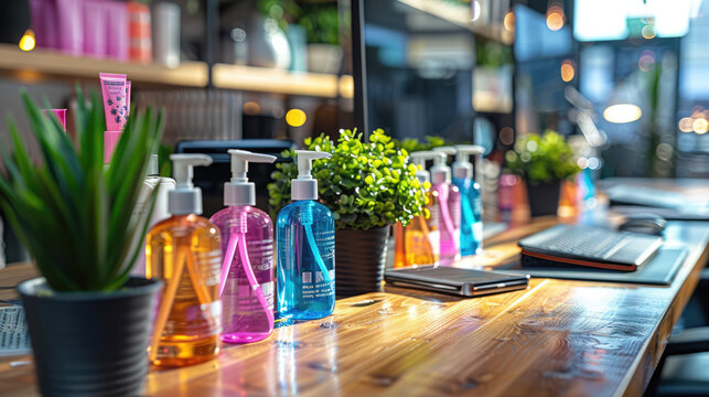 A workspace with hand sanitizer, masks, and social distancing markers, ensuring a safe environment