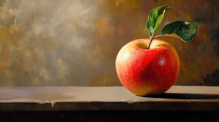 A Single Red Apple with Two Green Leaves Resting on a Wooden Surface