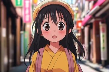 Cute anime girl with brown hair in a yellow kimono walking down a street in Japan