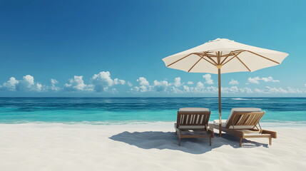 Obraz premium Chairs with comfortable cushions and a large white beach umbrella casting soft shadows on fine white sand. The clear turquoise water gently touches the shore, giving a sense of peace and relaxation.