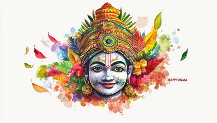 Vector illustration of the happy Onam festival with a Kathakali mask in an abstract background with the text "HAPPY ONAM". Vector illustration for design elements, greeting cards, and banner templates