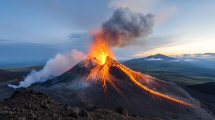 Volcano eruption, fiery natural event, molten spectacle.