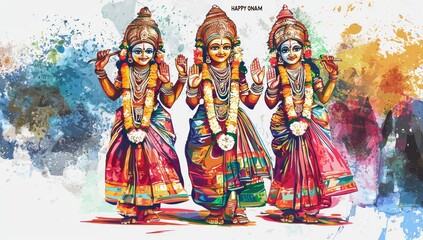 Fototapeta premium Vector illustration of the happy Onam festival with a Kathakali mask in an abstract background with the text 