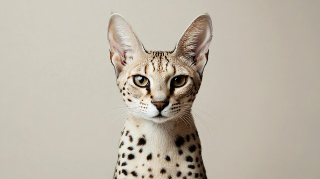 A close-up of a Savannah cat with distinct spotted fur and large ears, sitting gracefully against a light solid color background