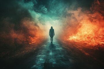 Obraz premium A figure stands at a crossroads surrounded by swirling smoke and contrasting flames under a mysterious twilight sky