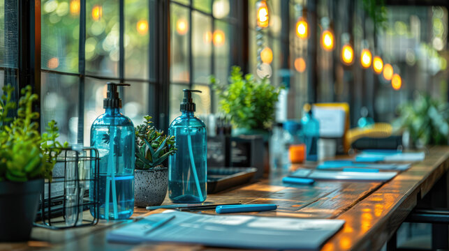 A workspace with hand sanitizer, masks, and social distancing markers, ensuring a safe environment