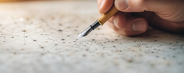 Close-up of an astrologer s hand tracing a constellation map with a quill pen, vintage and detailed