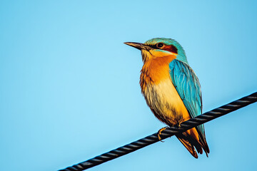 Fototapeta premium Bird cleaning its feathers while perched on a power line 