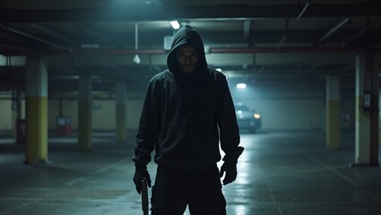 Intimidating robber in a dark parking garage illuminated by car headlights