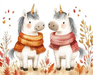 Adorable unicorns in scarves amidst colorful autumn leaves, perfect for whimsical and seasonal themes.