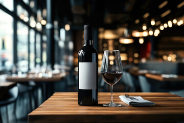 A wine bottle and a half-filled wine glass are showcased on a wooden table in a modern restaurant. The background features a blurred view of tables, chairs, and ambient lighting.
