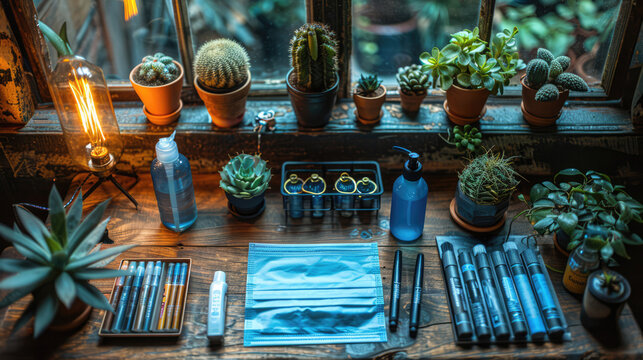 A workspace with hand sanitizer, masks, and social distancing markers, ensuring a safe environment