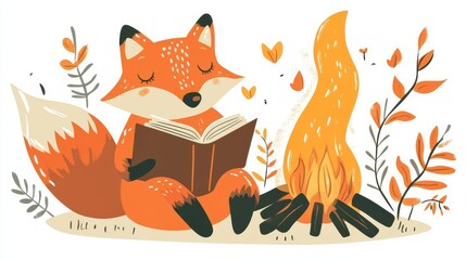 Fototapeta premium Adorable fox reading a book by the campfire surrounded by autumn leaves in a whimsical illustration.