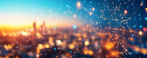 Obraz premium Digital representation of a horoscope chart overlaid on a cityscape at night, urban astrology