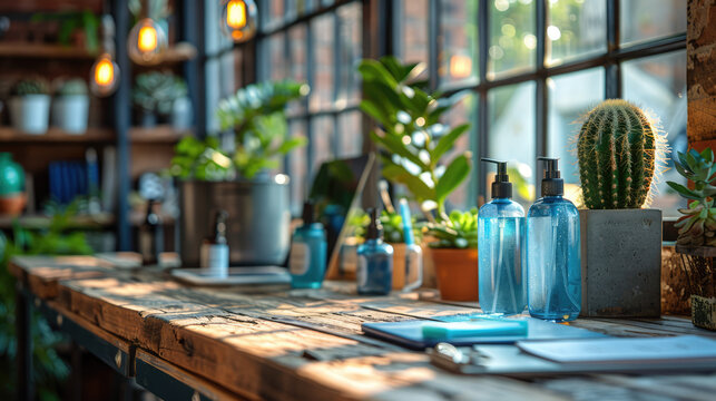 A workspace with hand sanitizer, masks, and social distancing markers, ensuring a safe environment