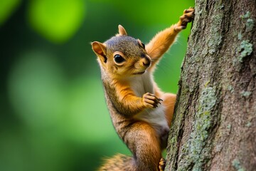 Fototapeta premium Squirrel climbing up a tree trunk with incredible speed, pausing to look back