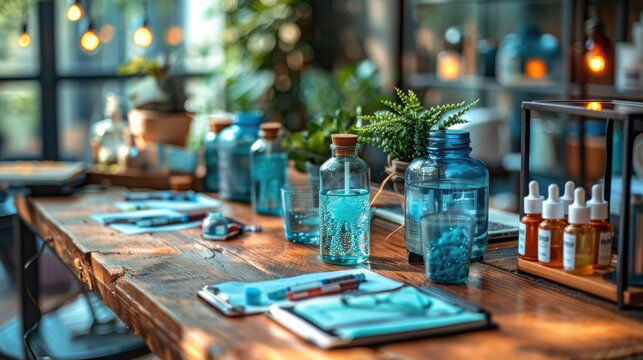 A workspace with hand sanitizer, masks, and social distancing markers, ensuring a safe environment