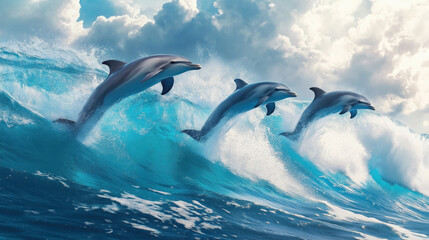 Playful dolphins jumping over breaking waves. Hawaii Pacific Ocean wildlife scenery. Marine animals in natural habitat