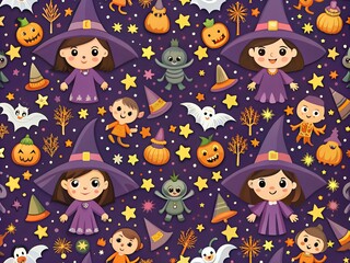 Abstract seamless halloween pattern for girls or boys. Creative vector background with witch, bat, ghost. Funny pattern for textile and fabric. Fashion halloween witch style. Colorful bright picture