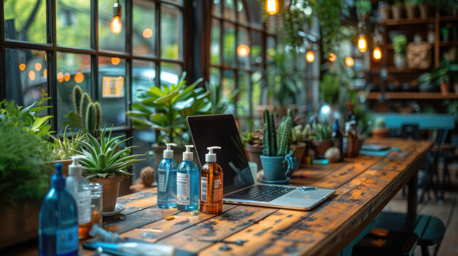 A workspace with hand sanitizer, masks, and social distancing markers, ensuring a safe environment - Powered by Adobe