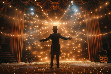 Magician performing with confetti falling in theater