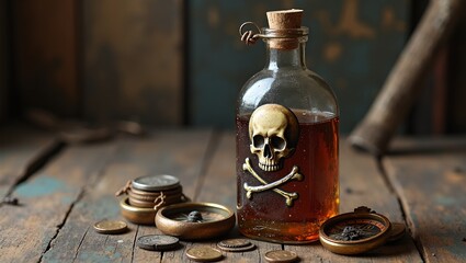 Vintage pirate bottle on weathered table with coins and compass evoking long lost adventure