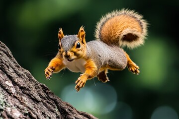 Obraz premium Squirrel gliding down from a tree, using its tail to balance as it lands on a lower branch