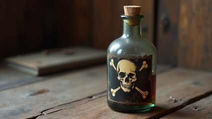 Vintage glass bottle with skull label on weathered table   rustic pirate era vibe