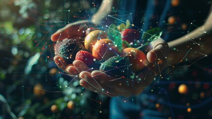 Hands cradling a digital bounty of information, illustrating AI's transformative harvest of knowledge in a connected world