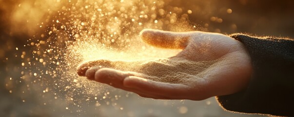 Dramatic shot of a hand throwing a handful of sand, capturing the dispersion of particles in the air