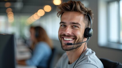 Positive customer service agent in headset smiling in modern office surrounded by colleagues