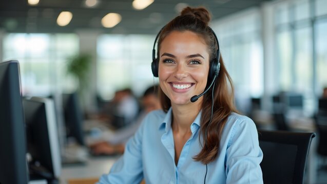 Confident customer service worker in bright call center