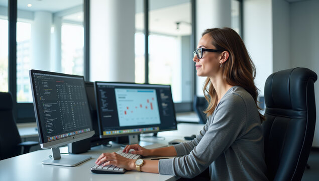 Businesswoman analyzing stock market data on computer in modern office