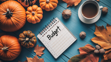 Plan your fall budget with cozy vibes, featuring pumpkins, acorns, and a warm cup of coffee