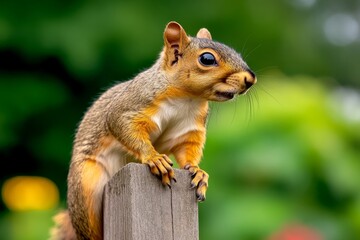 Obraz premium Squirrel perched on a fencepost, alertly watching the activity in a suburban backyard