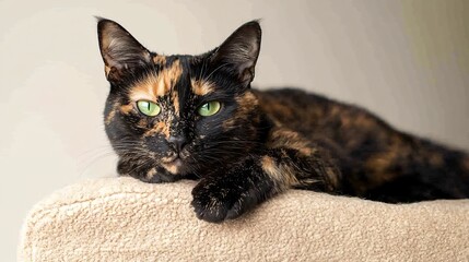 A close-up of a tortoiseshell cat lounging on a soft cushion, showcasing its unique coat pattern and bright green eyes, against a light solid color background