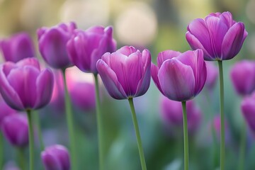 Fototapeta premium Closeup of Purple Tulips in a Garden, Spring Flowers Blooming