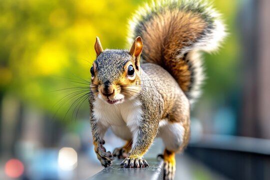 Squirrel scurrying along a fence, tail raised high as it surveys its surroundings