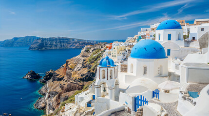 Obraz premium Whitewashed buildings with blue domes overlooking the Aegean Sea in Santorini, Greece.
