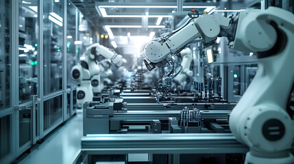 Fototapeta premium Engineering concept of an automated factory line with robotic arms and digital controls, highlighting efficiency and advanced manufacturing processes.