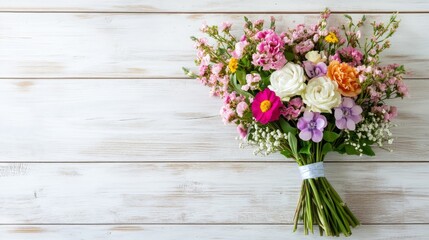 Beautiful flower bouquet on white wooden tabletop 