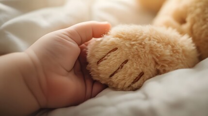 Hand Holding a Stuffed Animal’s Paw: A hand holding the paw of a plush stuffed animal, with a soft-focus nursery in the background. 
