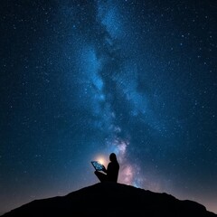 Fototapeta premium Person consulting a horoscope on a digital device under a starry sky, modern mysticism